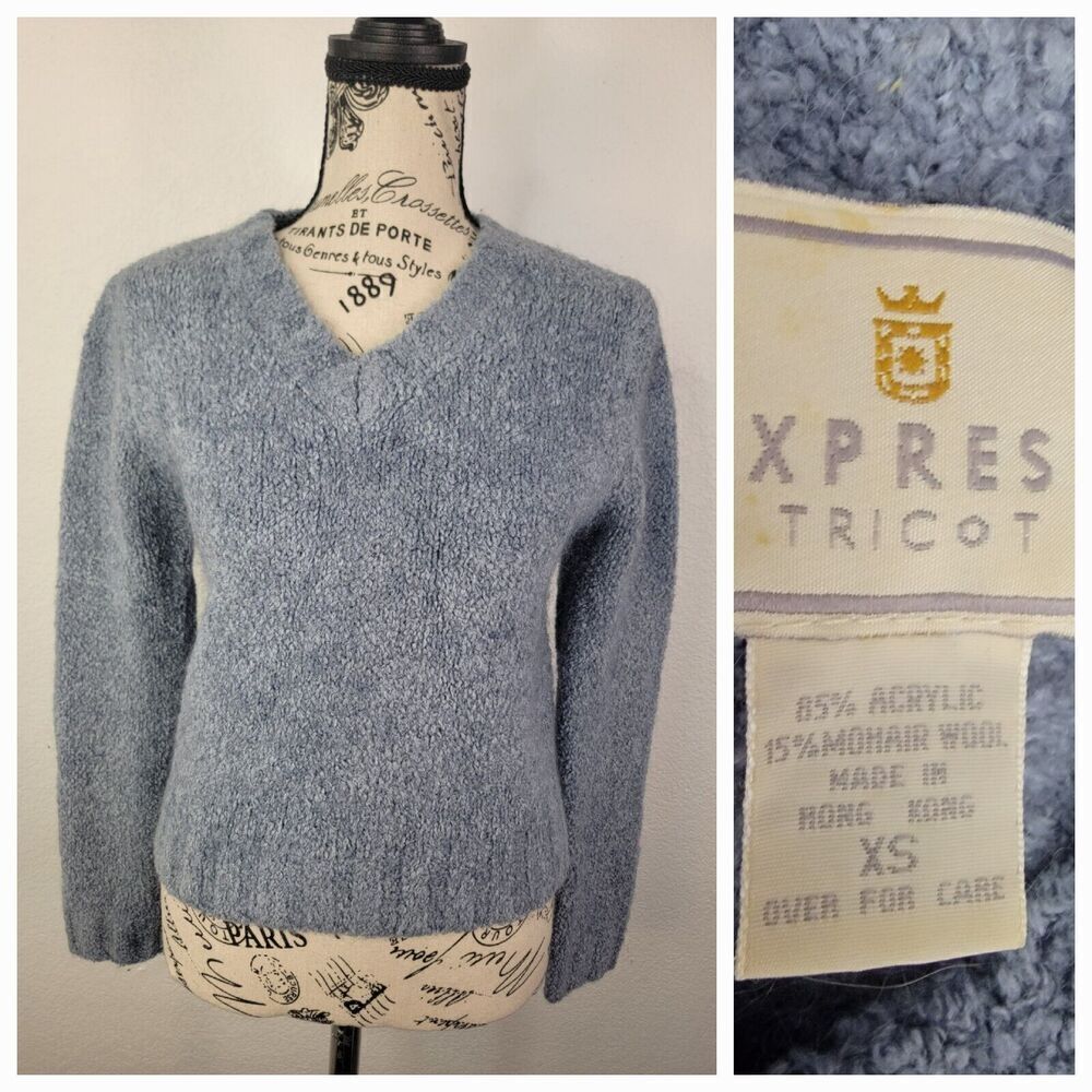 Vintage Express Sweater Womens XS Deep Pile Semi Crop Purple Blue Acrylic Mohair